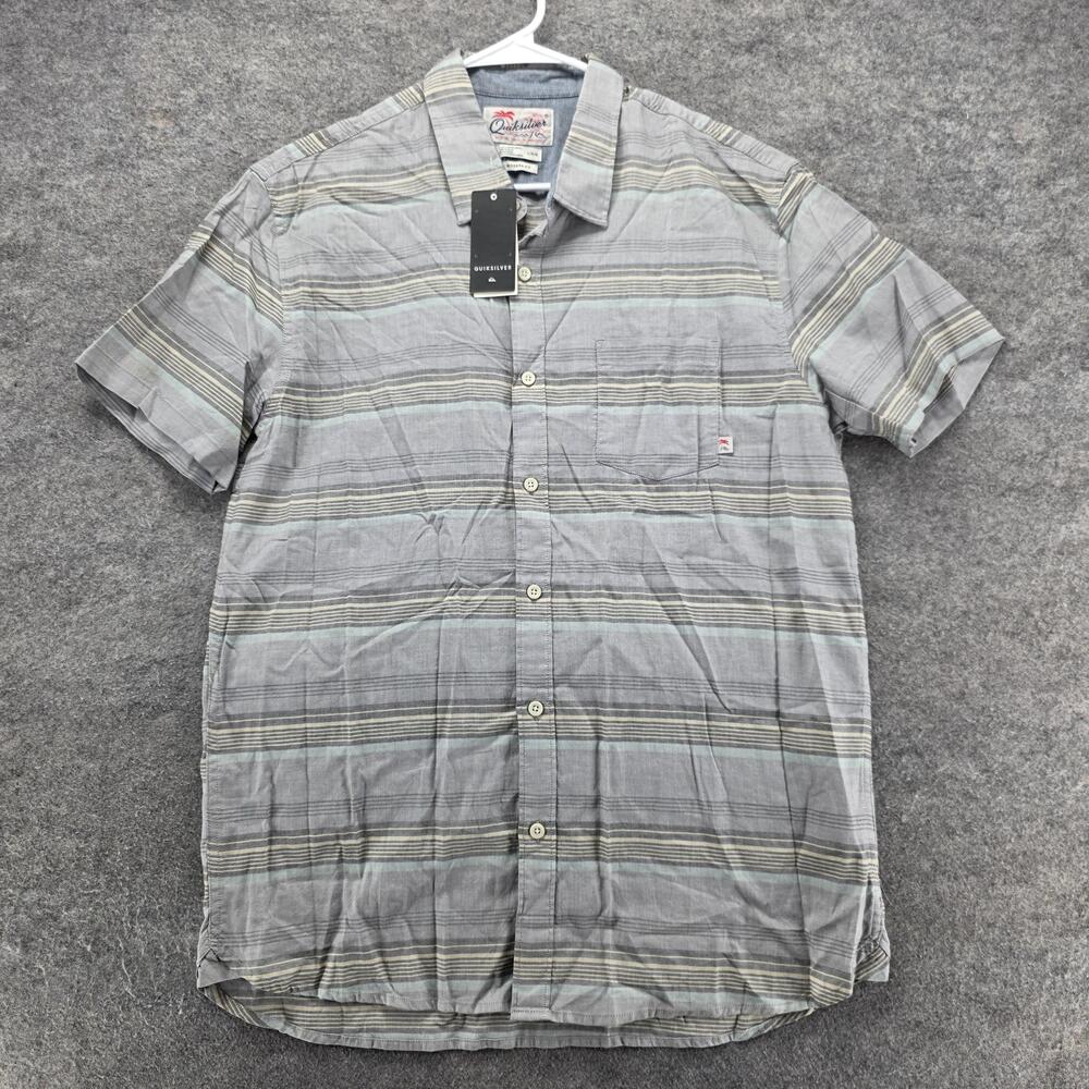 Quiksilver Shirt Mens L Gray Striped Chambray Short Sleeve Button Up Slim Fit